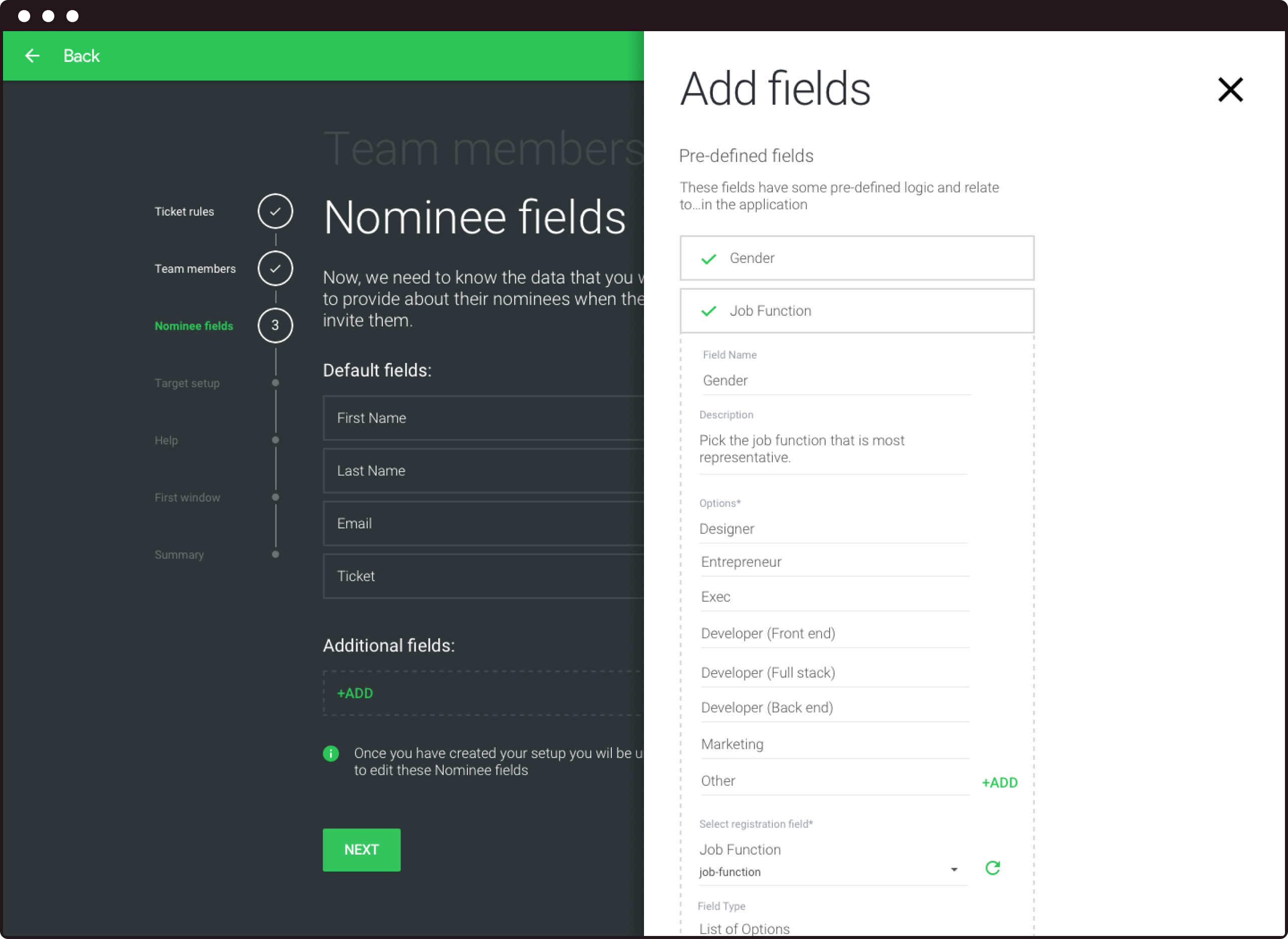 Screenshot of our final design for configuring fields for syncing