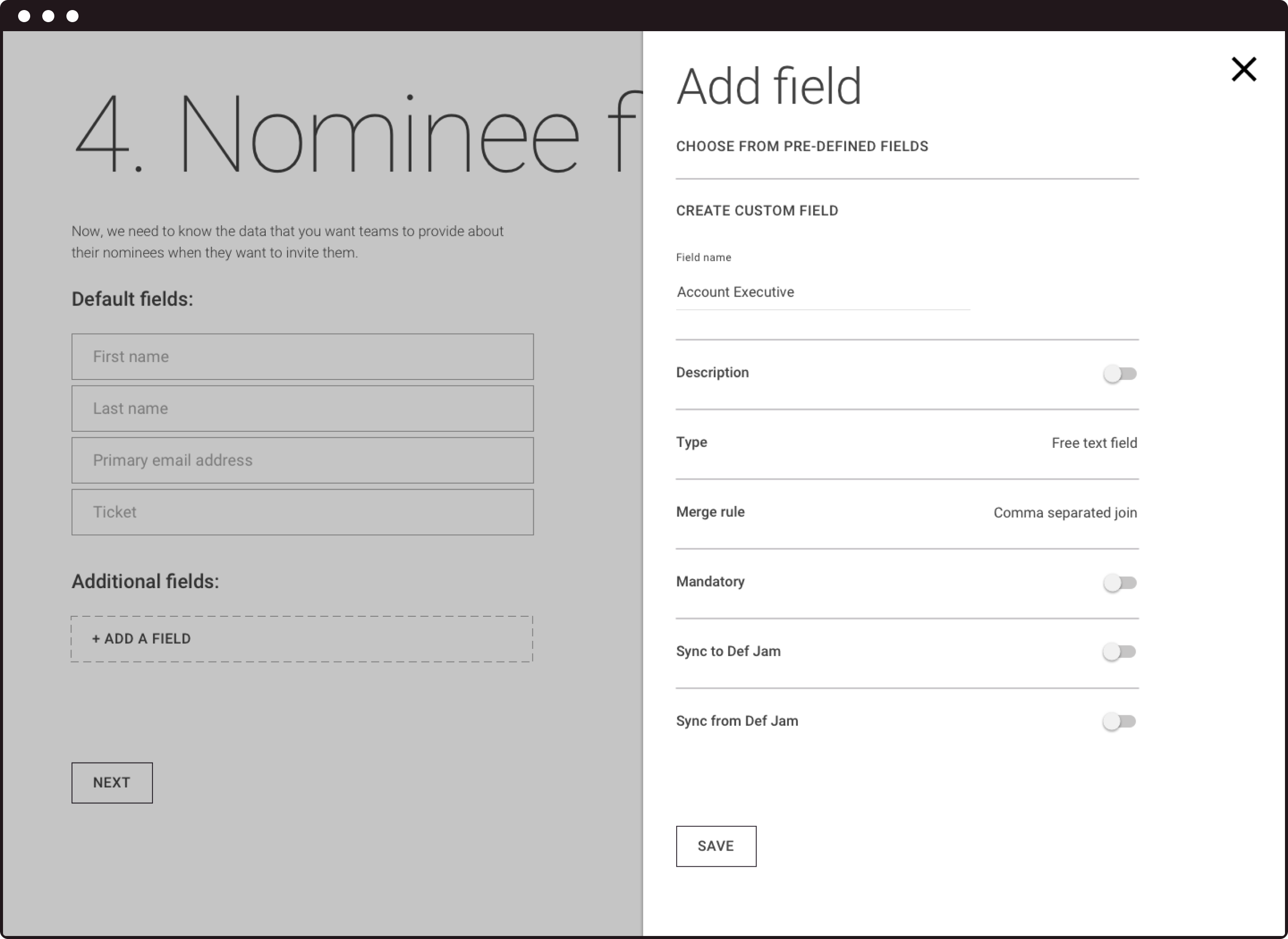 Screenshot of our co-created wireframe for configuring fields for syncing