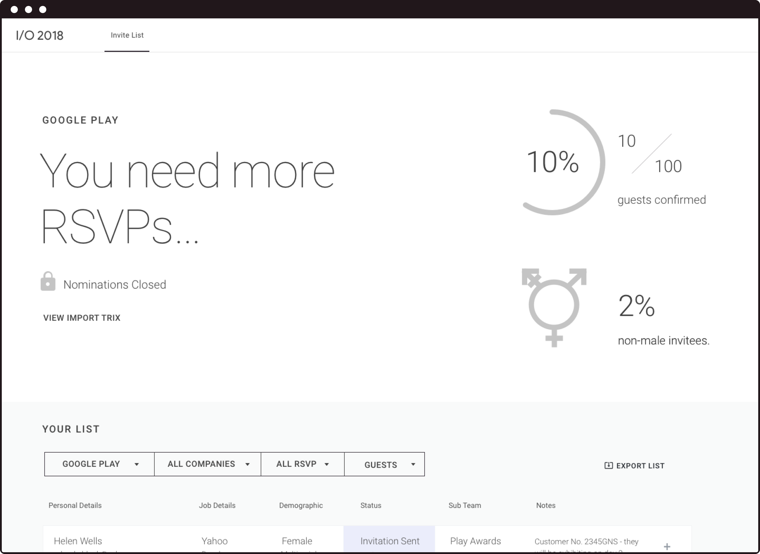 Screenshot of our co-created wireframe for managing guests